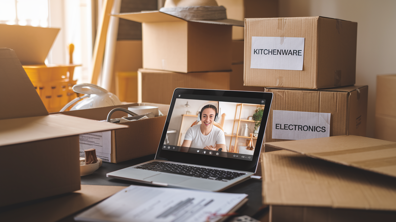Laptop open on a desk surrounded by packing boxes