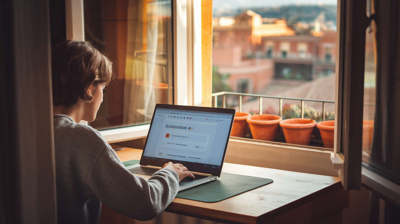 Person taking an online Spanish lesson with a Mediterranean city view in the background