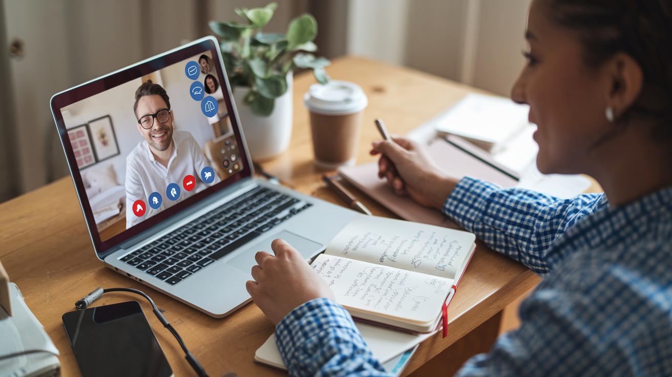 Student taking an online Spanish lesson via video call