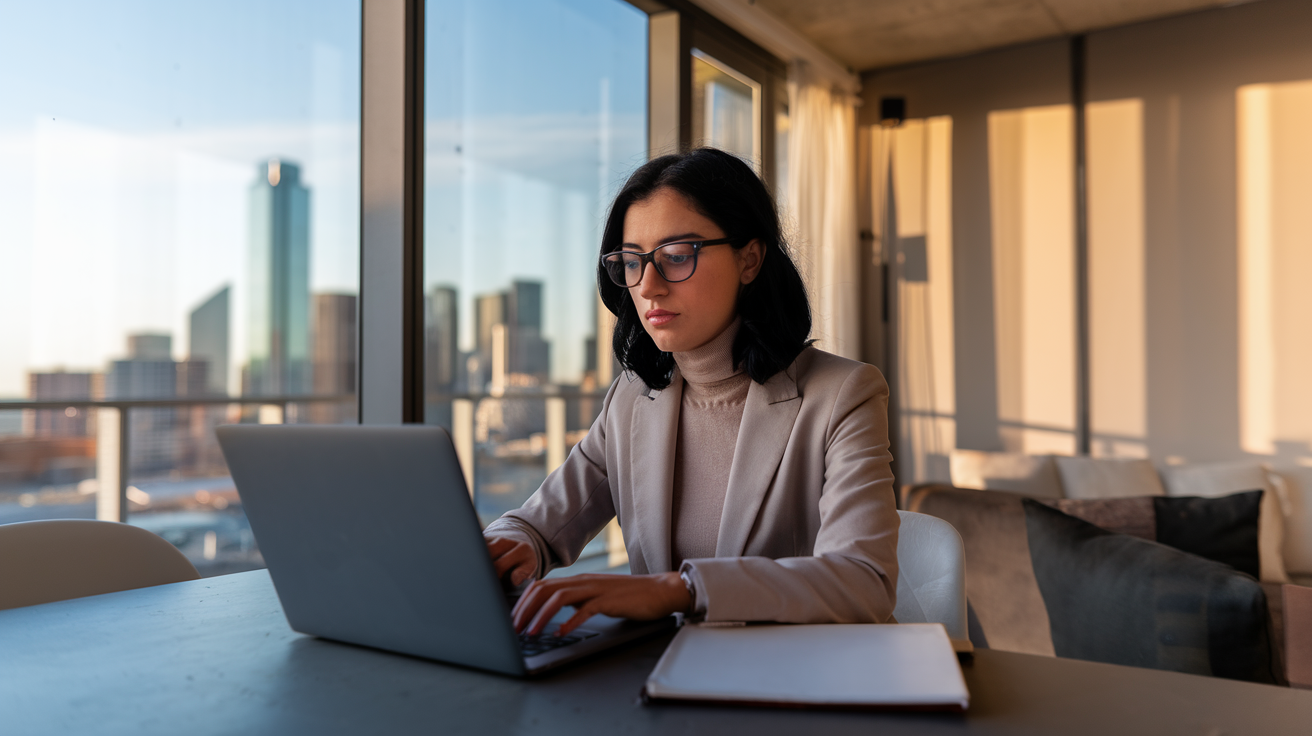 Person taking online Spanish lesson with Dallas skyline visible through window