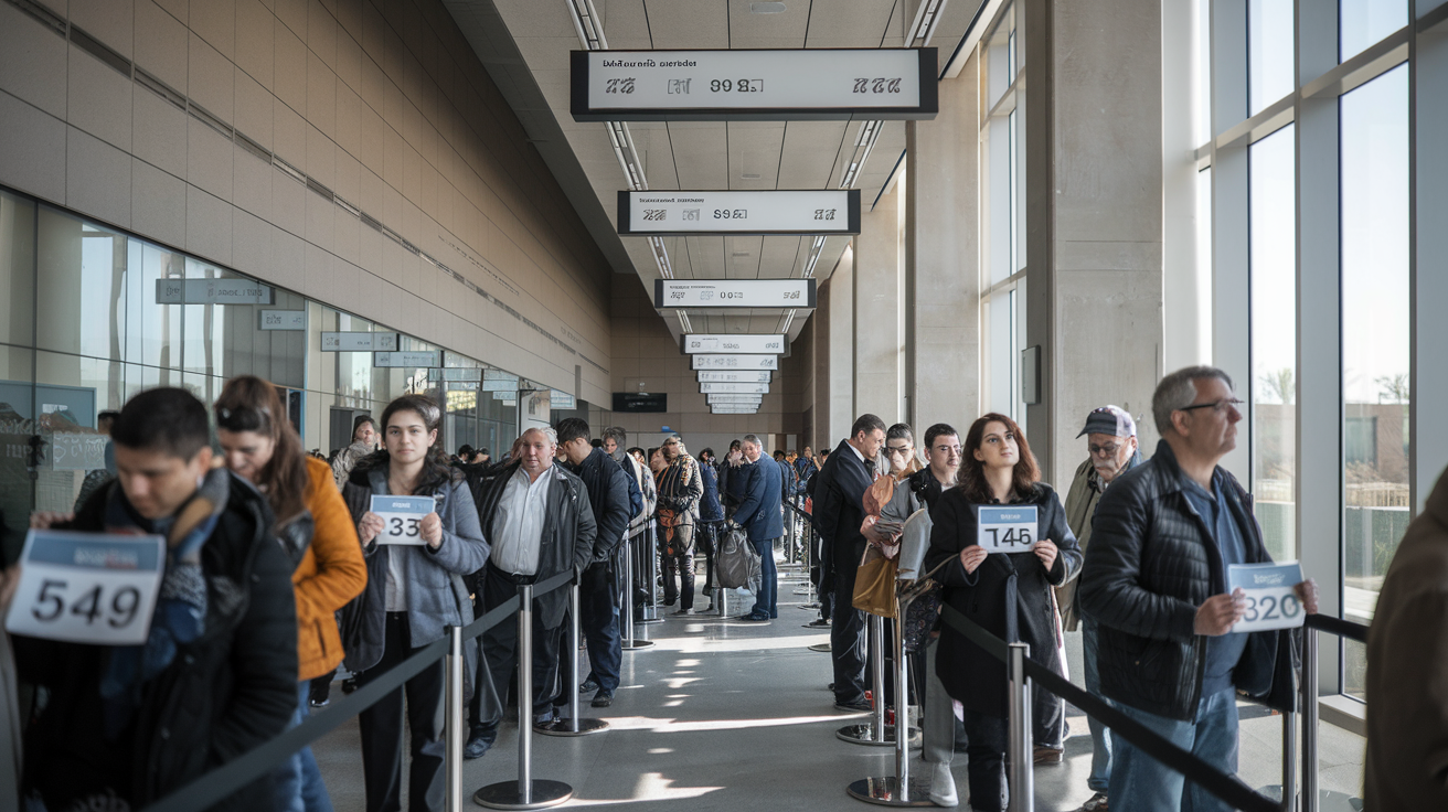 Spanish government office with people waiting in line