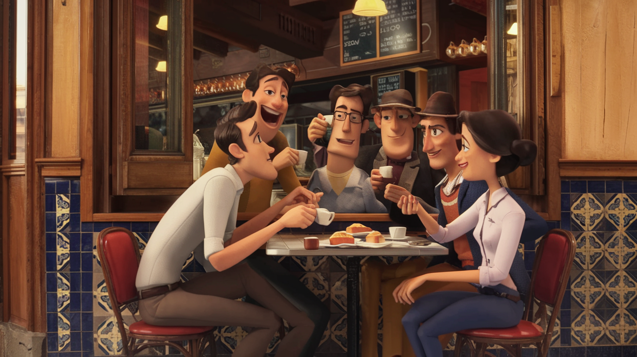 People having coffee and conversation at a Spanish café