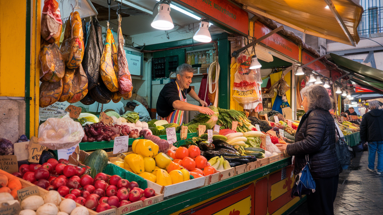 Colorful Spanish market with fresh produce and vendors