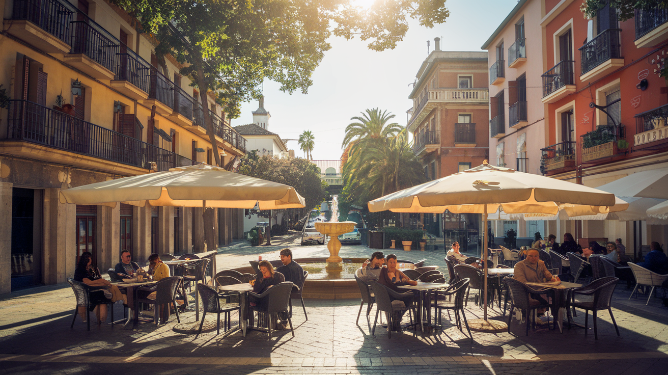 Sunny Spanish plaza with outdoor cafe seating